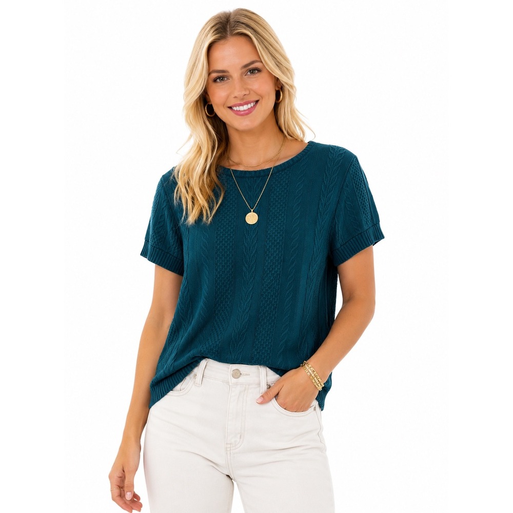Sugar & Rose Teal Cable Knit Short Sleeve Crew Neck Top S/M Peacock Minimalist